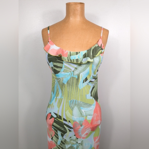Vintage Jessica Ash Tropical Midi Dress Ruffle Neck Size Small Made in USA - Picture 5 of 15